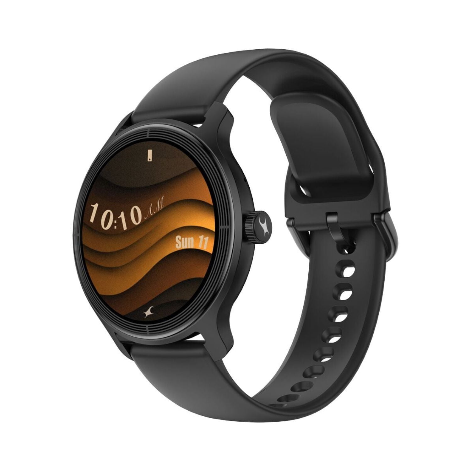 Black sleek smartwatch with round AMOLED display, silicone strap and side crown button
